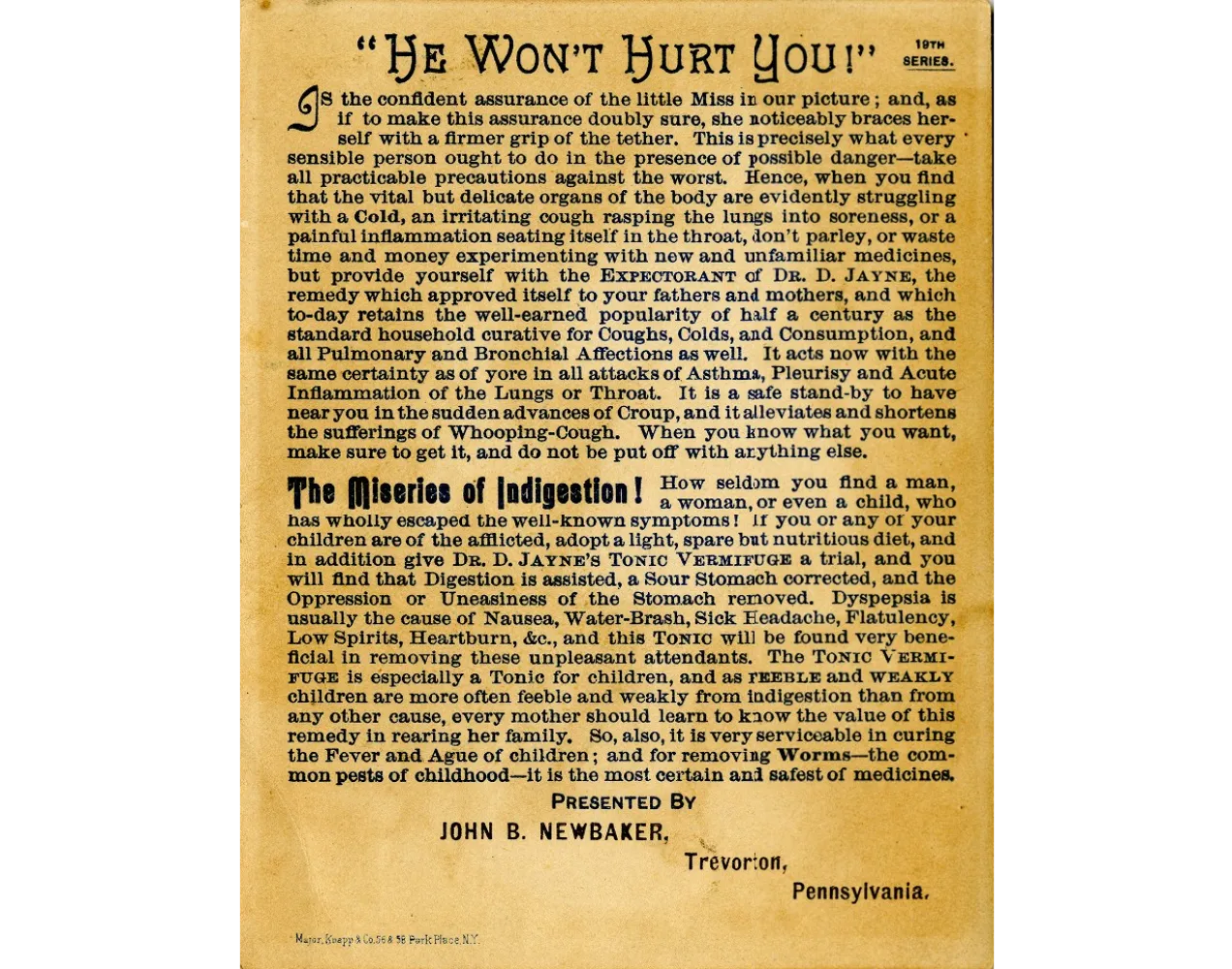 Advertisement for Dr. D. Jayne's Tonic Vermifuge